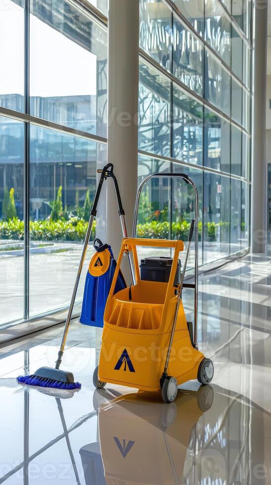 A yellow cleaning cart and mop sitting on a floor photo