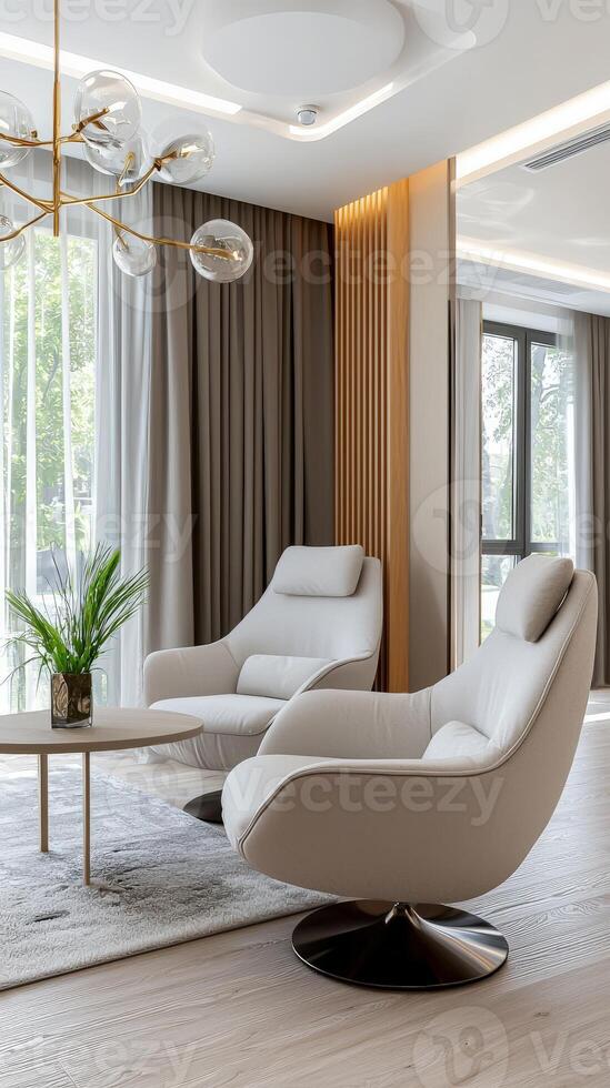 Modern living room with white furniture and wooden floor photo