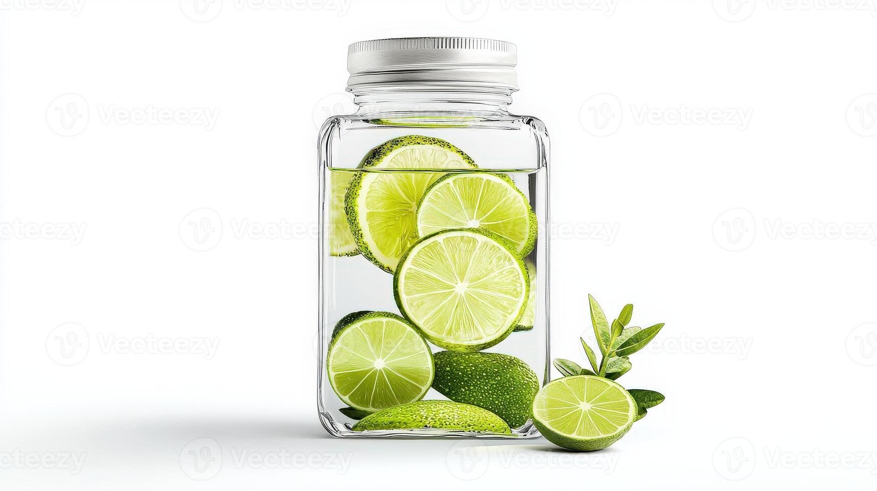 A glass bottle filled with lime slices and water photo