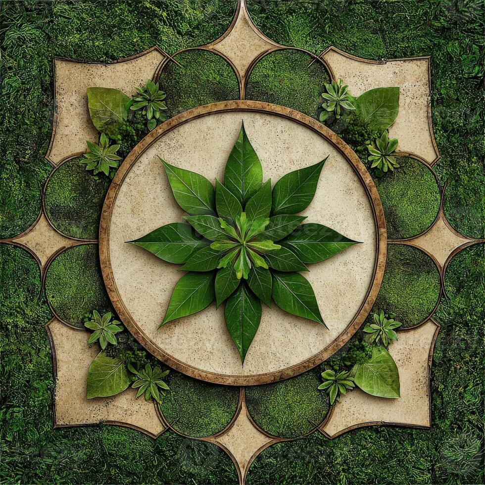 A circular frame with green leaves and moss photo