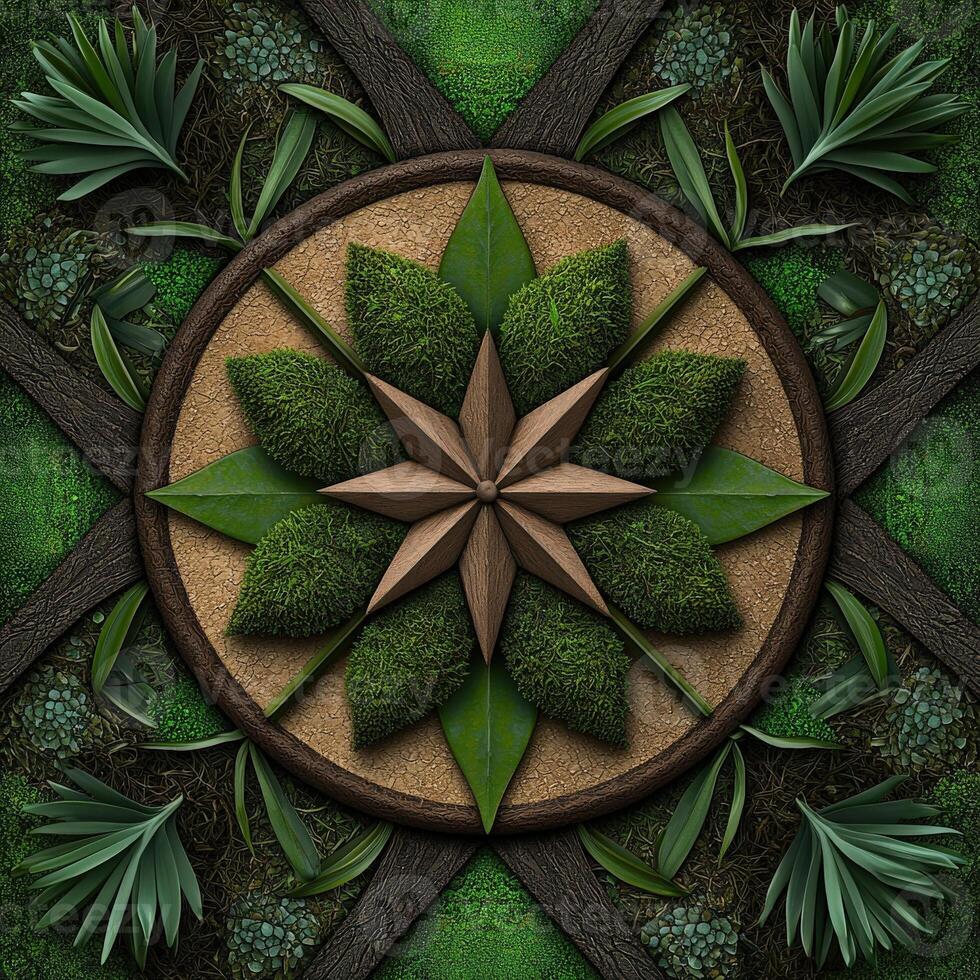 A green and brown circular design with plants and leaves photo