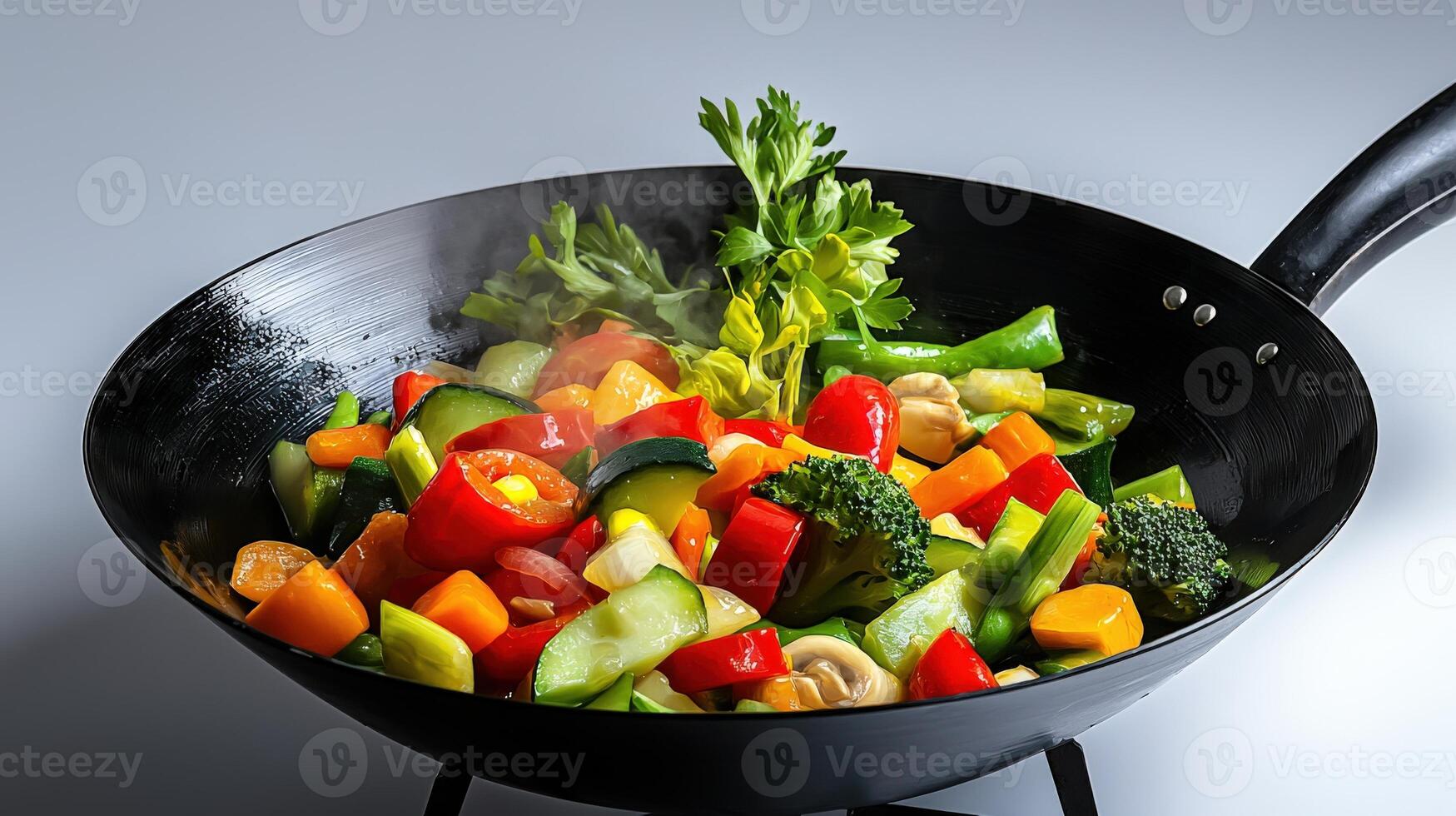 A wok with vegetables and meat cooking on it photo