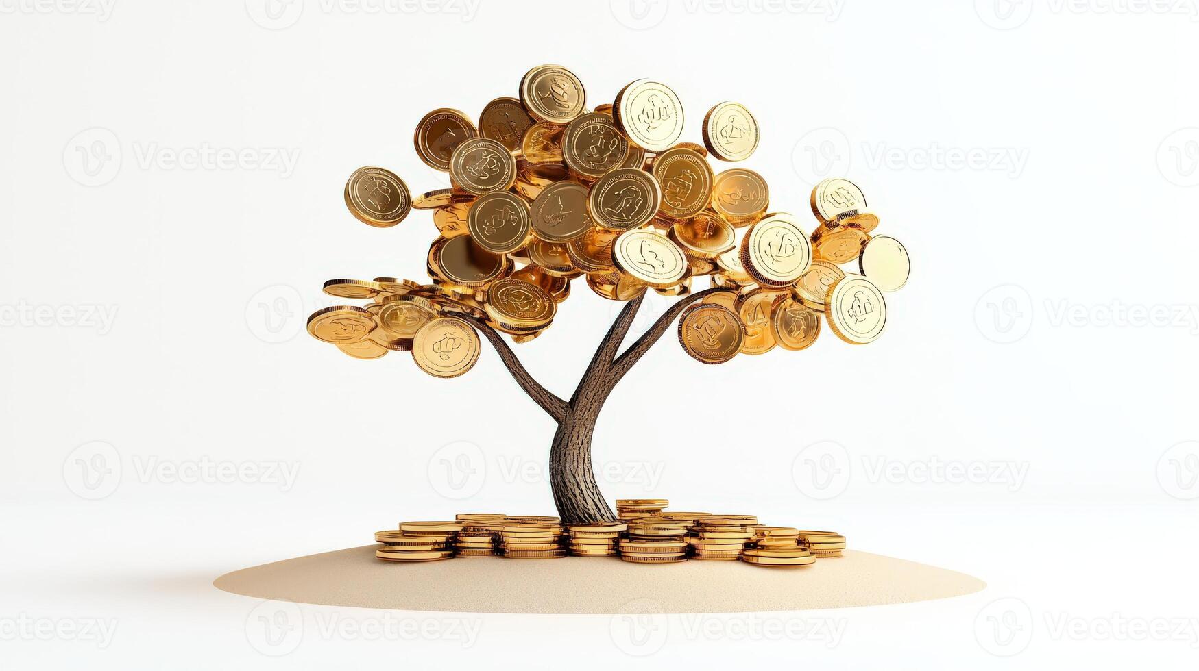 Golden coins on a tree with a white background photo