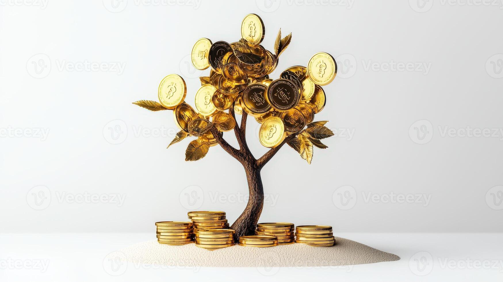 Golden tree with coins on white background photo