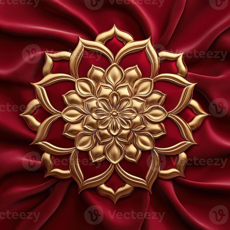 Golden flower on red silk background photo