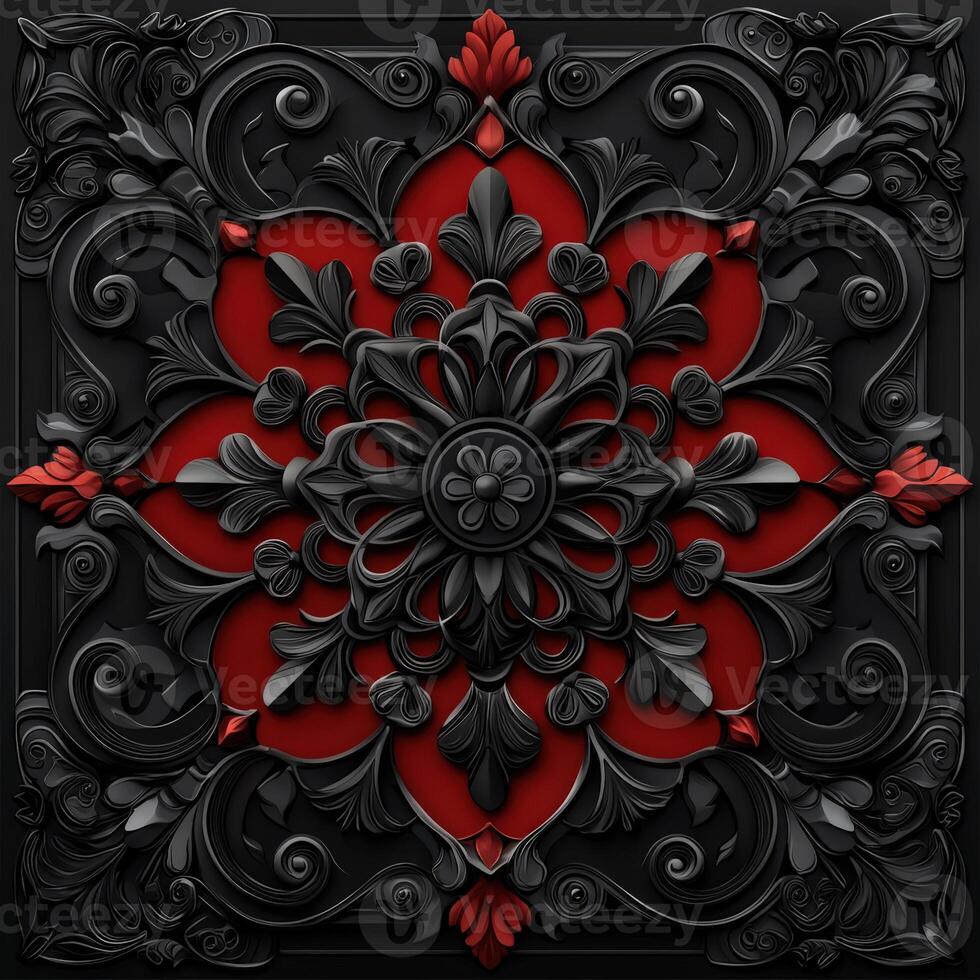 A black and red ornate design on a black background photo