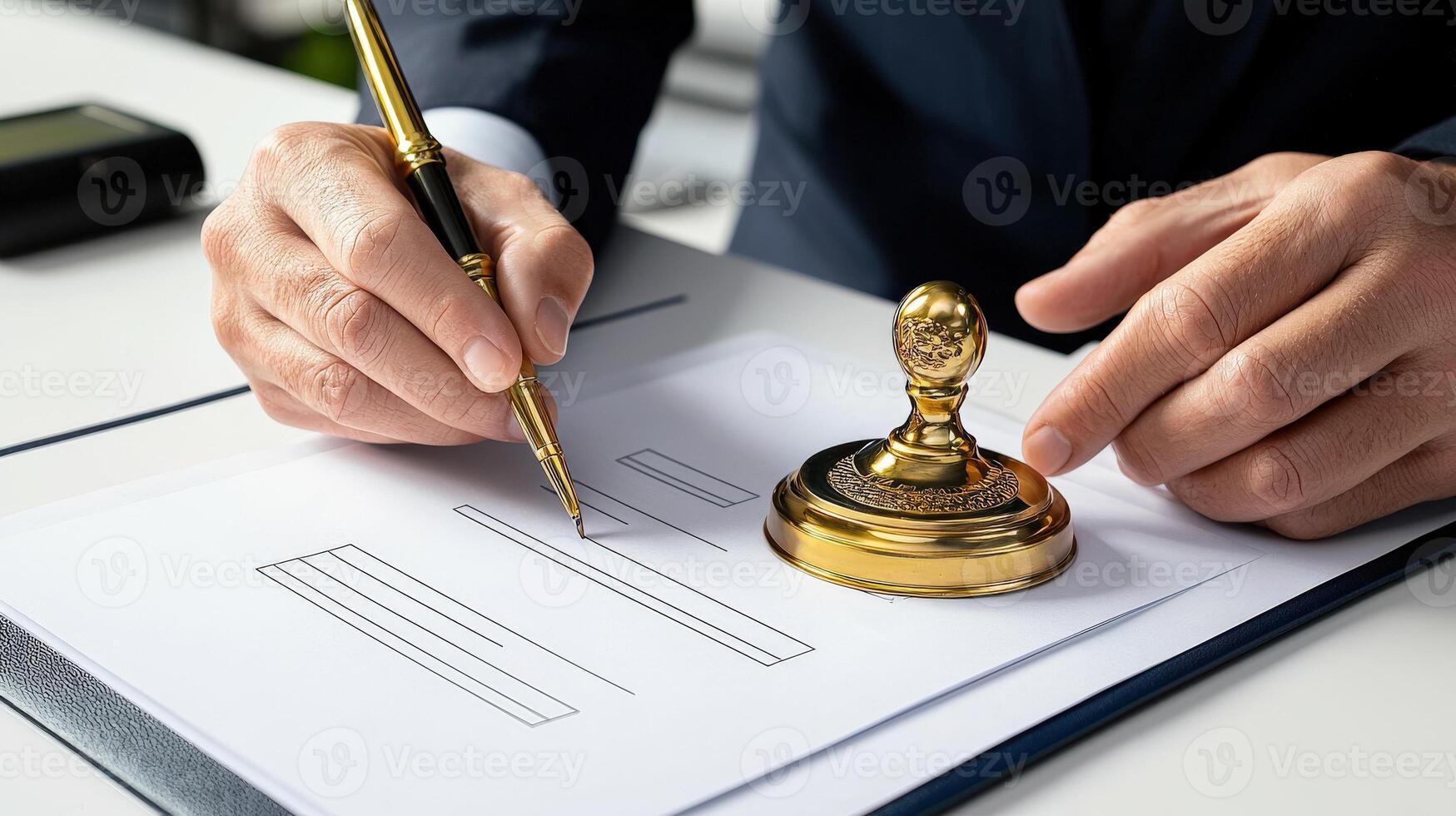 A man in a suit is signing a document with a pen photo