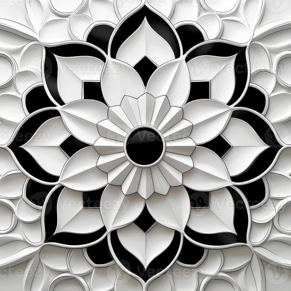 A black and white flower design on a wall photo