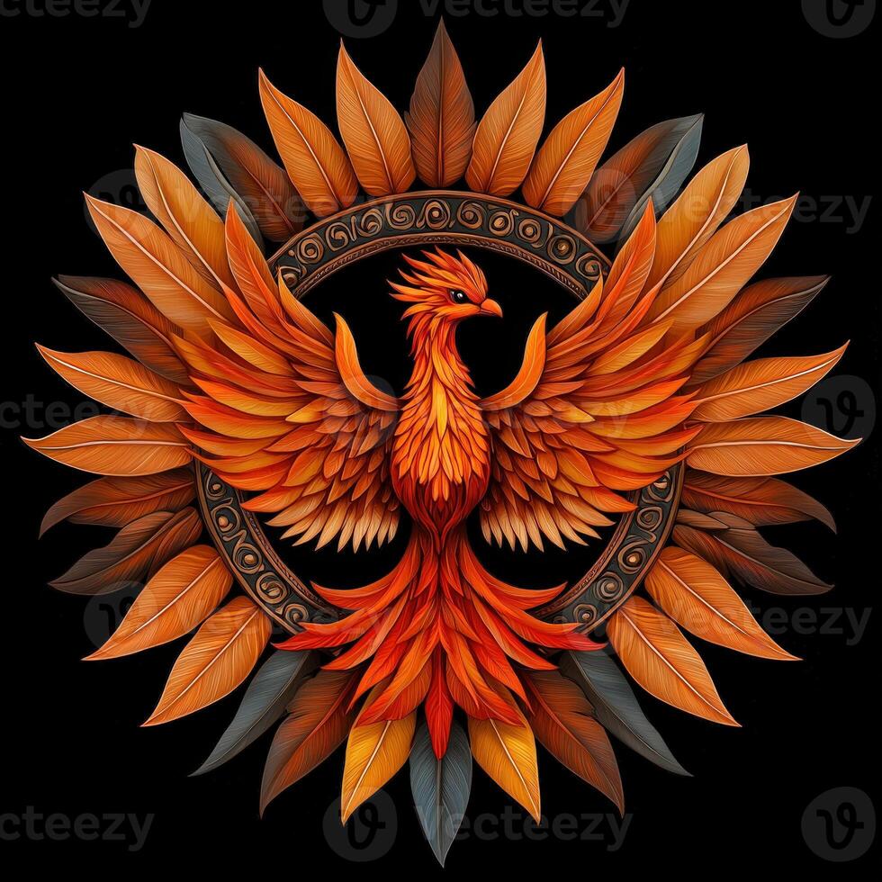A phoenix bird is shown in the center of a circular design photo