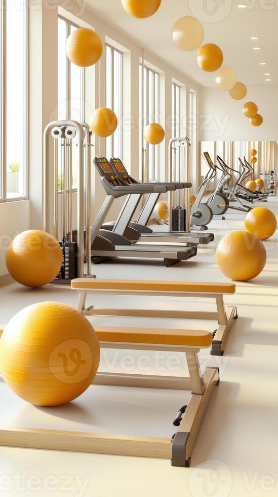 A gym room with yellow balls hanging from the ceiling photo