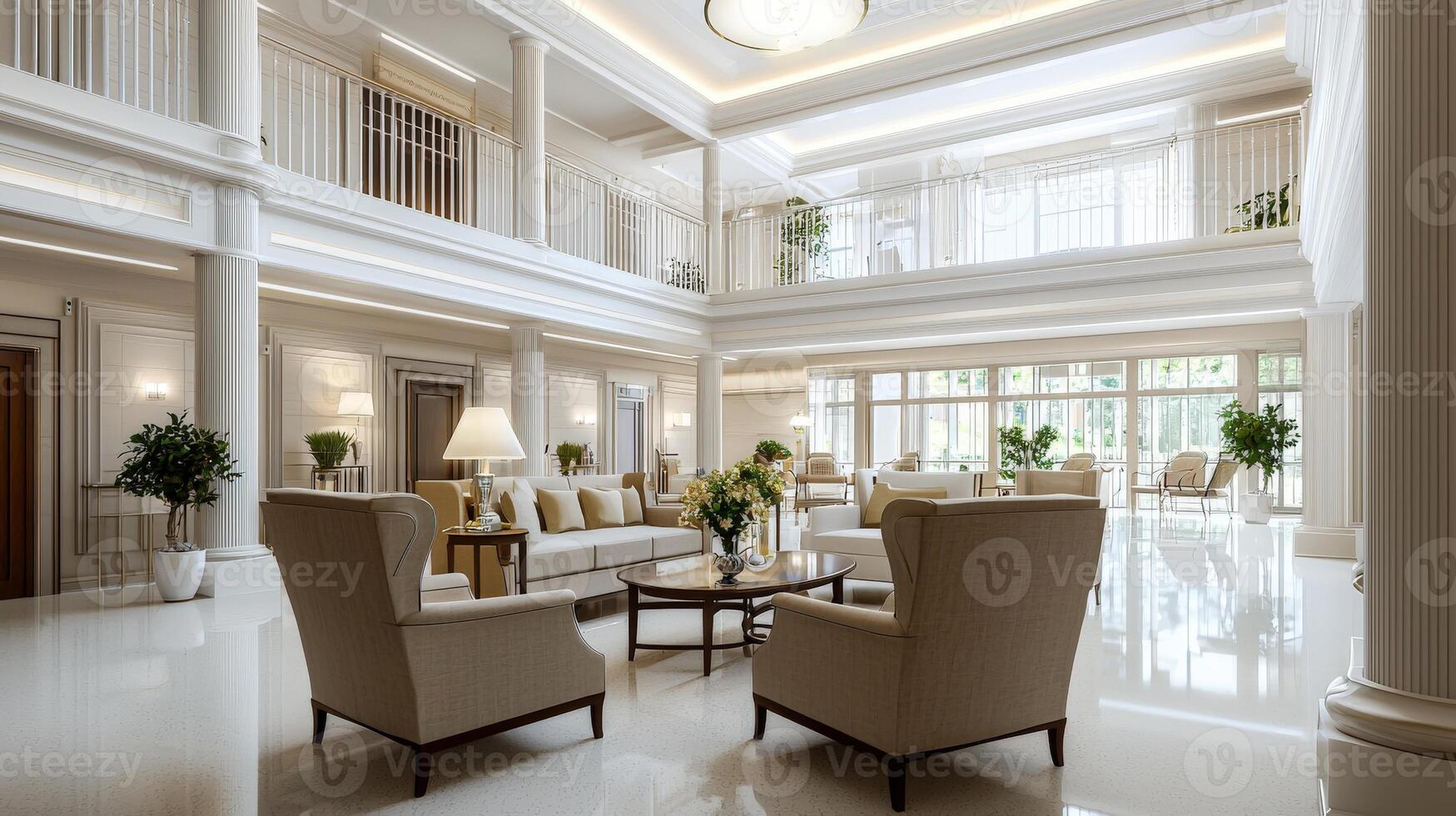 A large lobby with white walls and columns photo