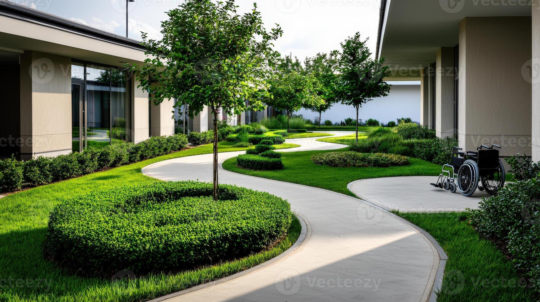 A walkway with a lawn and bushes in front of a building photo