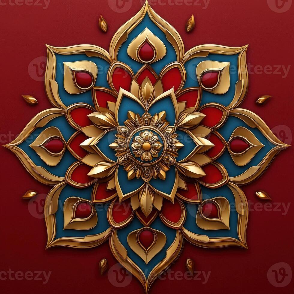 Golden mandala with red and blue flowers on a red background photo