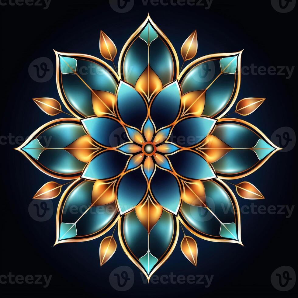 A golden and blue flower on a black background photo