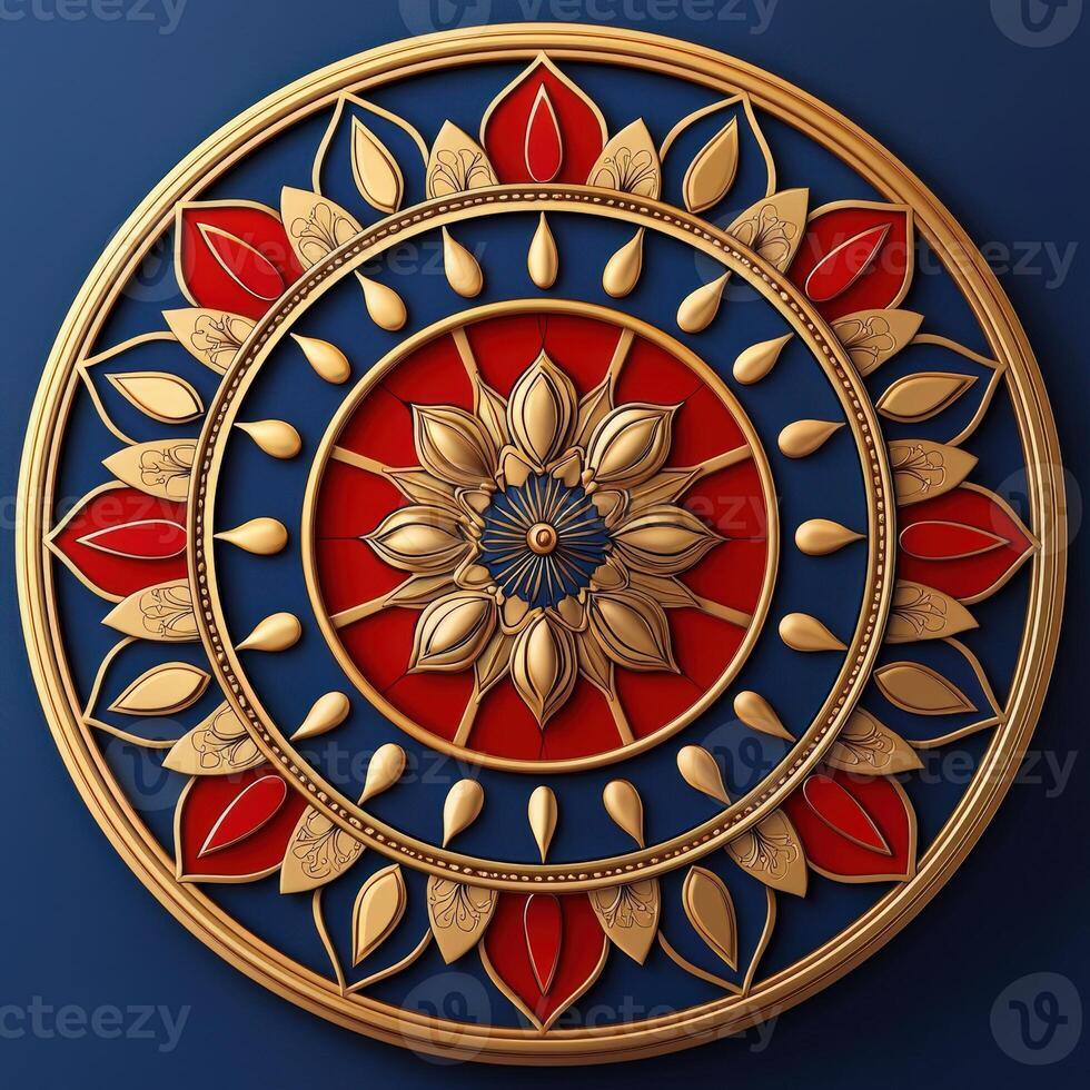 Golden mandala with red and blue flowers on a blue background photo