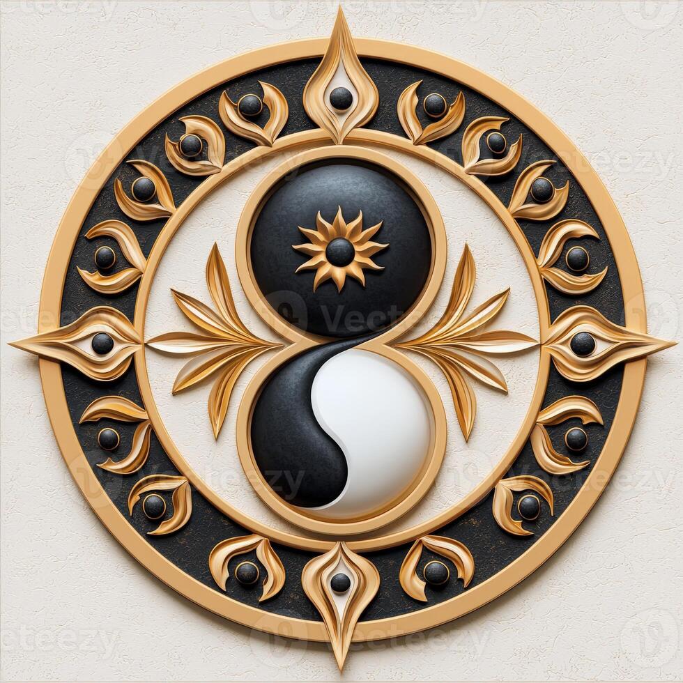 Yin yang symbol with sun and moon on a white background photo
