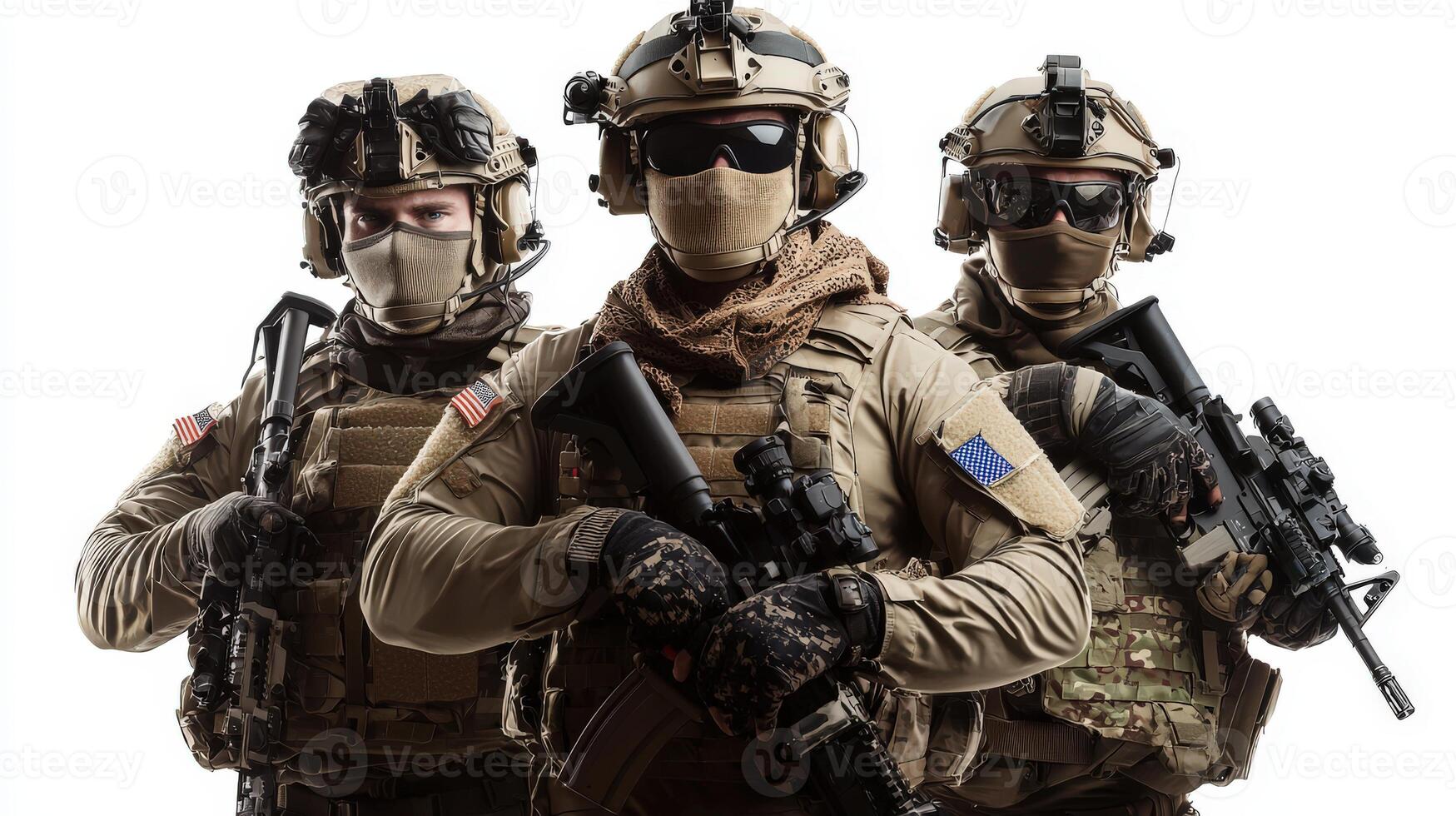 Three soldiers in military gear with guns photo