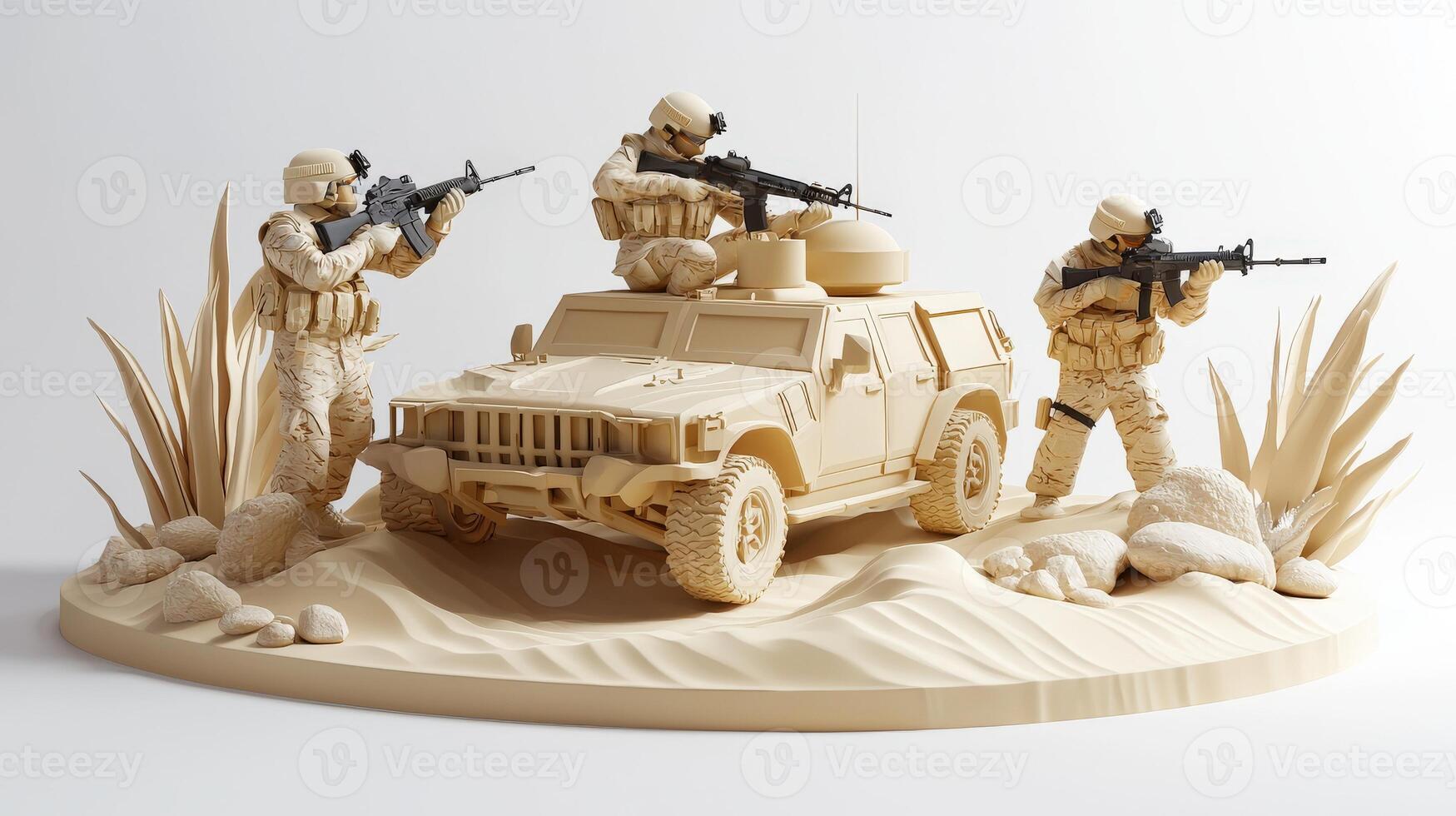 A model of soldiers with guns on a desert scene photo