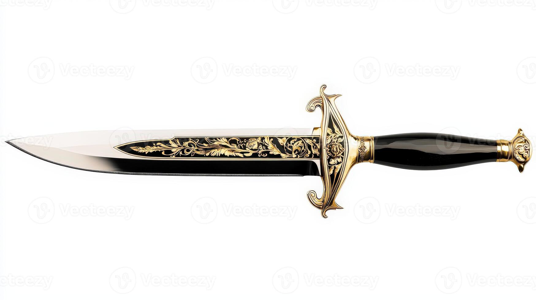 A knife with a gold handle and black blade photo