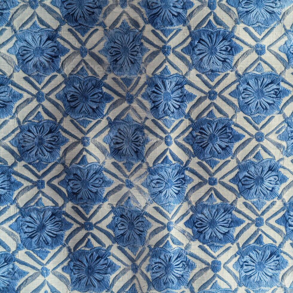 A blue and white patterned fabric with a flower design photo