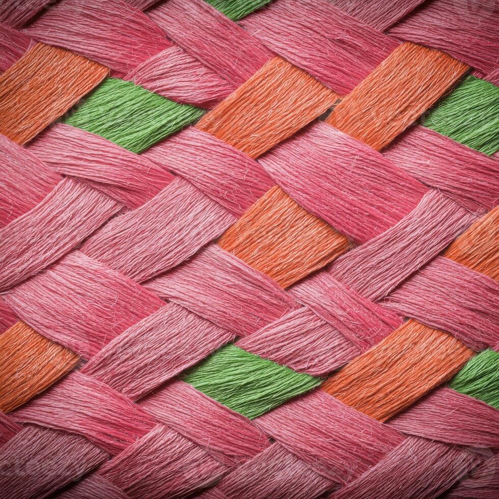 A close up of a woven basket with pink, green and orange colors photo