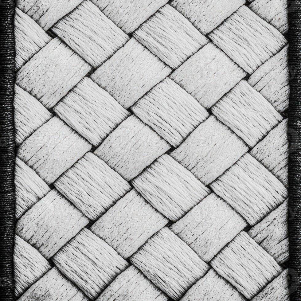 A black and white photo of a woven rug