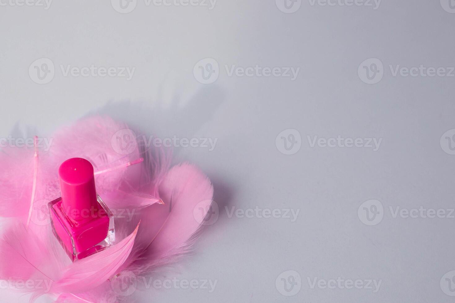 Pink nail polish with decorative elements of multi-colored feathers on white background.Copy space. Top view photo.High quality photo