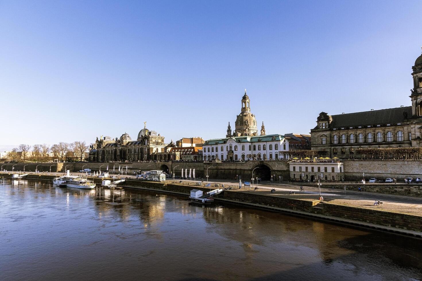Dresden, Germany, April 5, 2025. Panoramic view of the city of Dresden and the Elbe river embankment with vintage steamship. photo