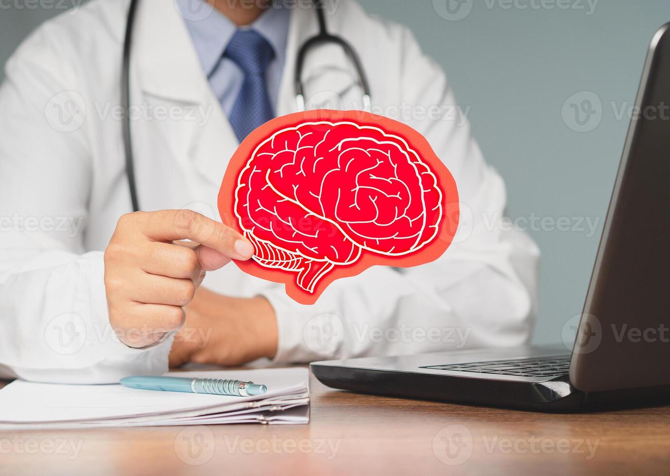 Doctor in a uniform holding a red paper brain symbol while sitting at the table in the hospital photo