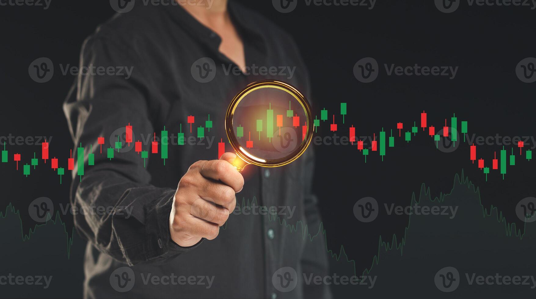 Stock exchange market analysis. Businessman or trader uses a magnifying glass to examine a stock graph on a virtual screen photo