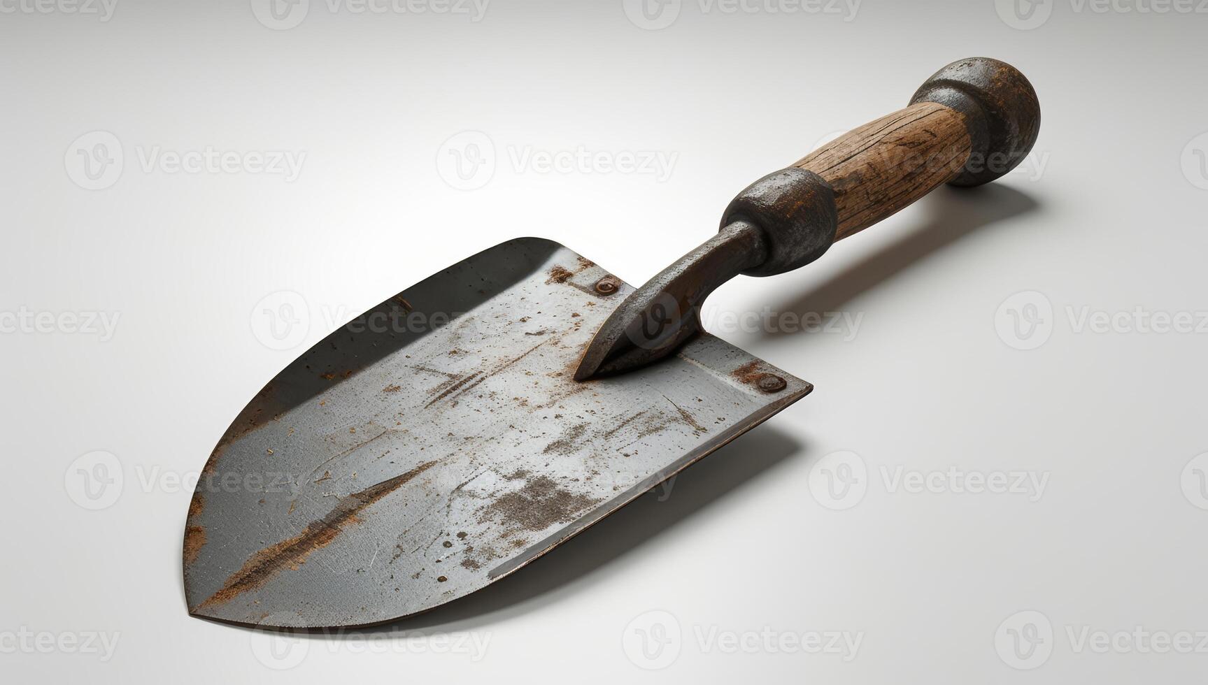 A worn gardening trowel with a rusty blade and wooden handle, ideal for gardening, landscaping, and outdoor projects. photo