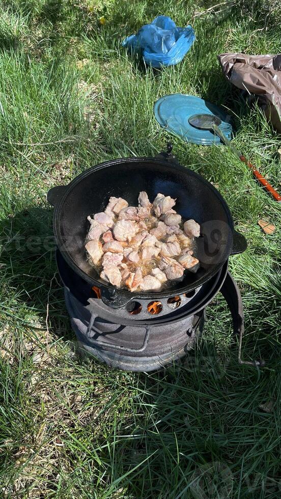 Pilaf with meat the process of preparing the culinary dish pilaf in a cast iron frying pan over a wood fire outdoors photo