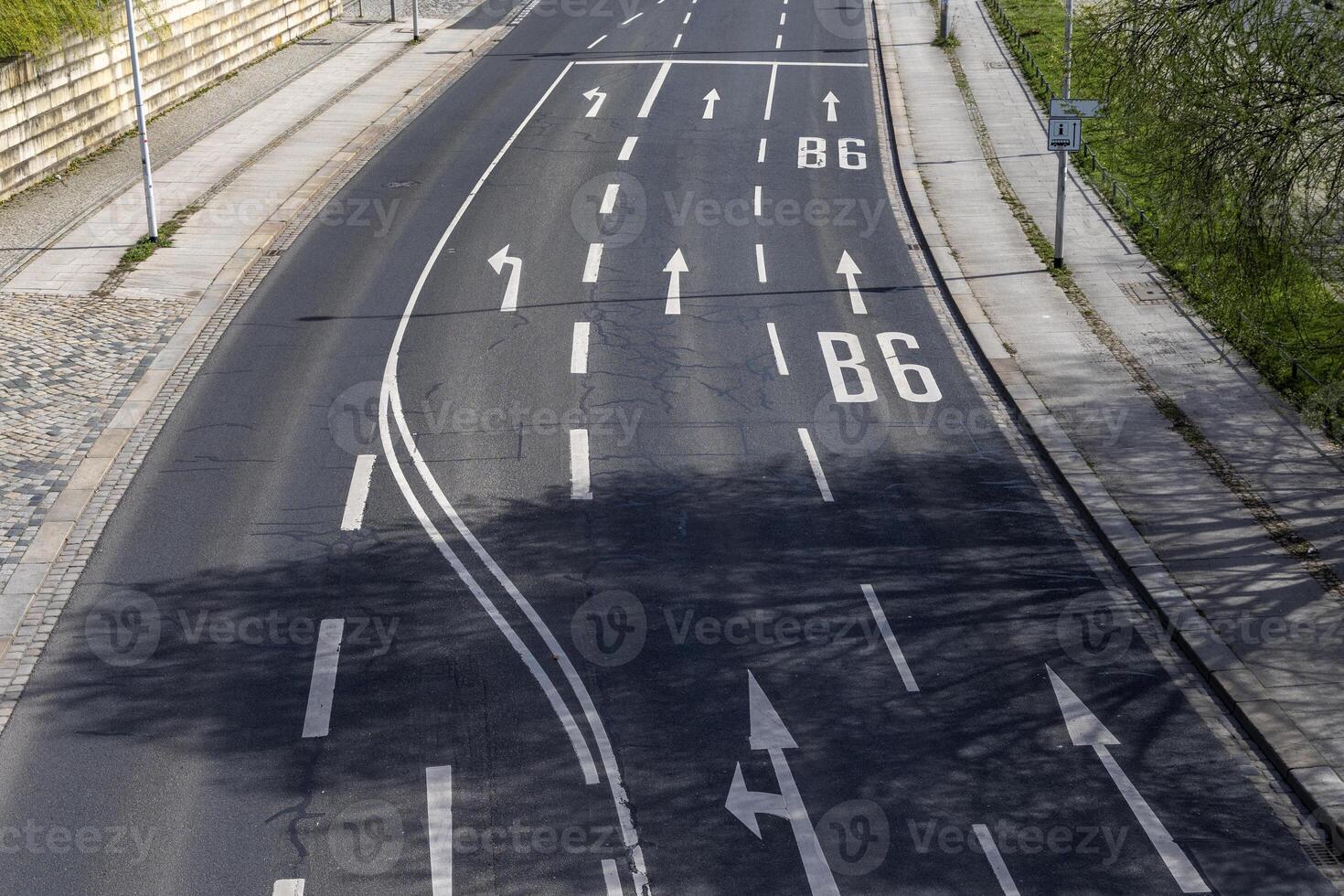 Asphalt road in the city with markings for traffic lanes. View from above. Dresden, Germany photo