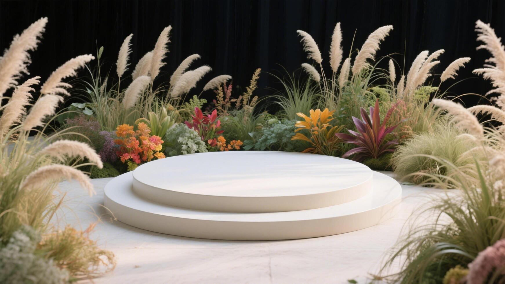 Photo of Two tiered white platform surrounded by pampas grass and colorful flowers