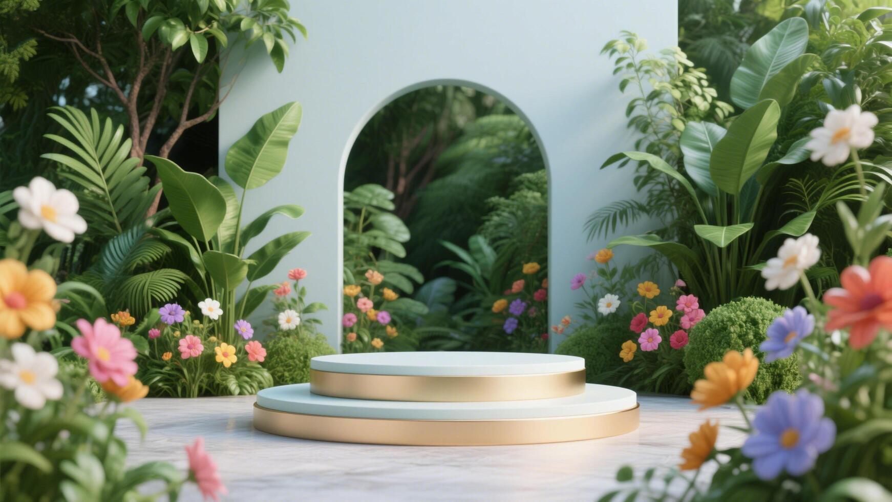 Photo of Elegant podium surrounded by vibrant flowers and lush green plants in a serene garden setting