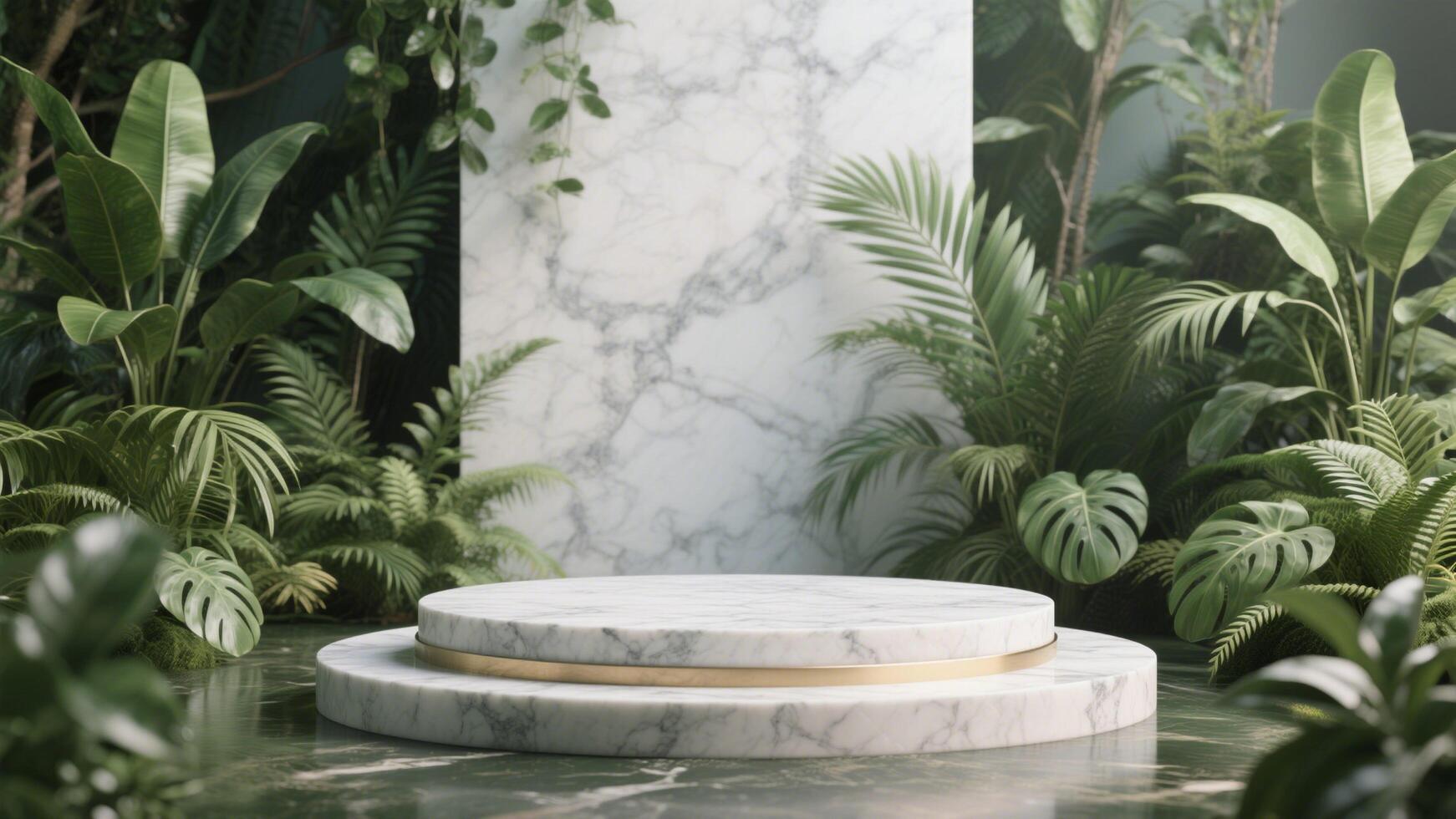 Photo of Marble podium surrounded by lush green tropical plants creating a natural and elegant scene