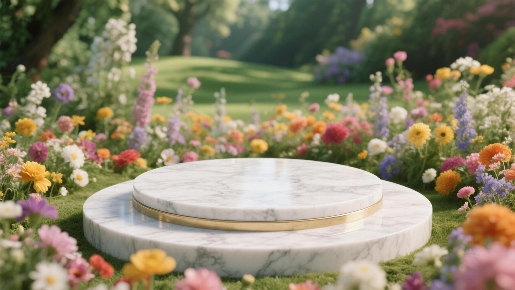 Photo of Marble podium surrounded by colorful flowers in a lush garden setting under sunlight
