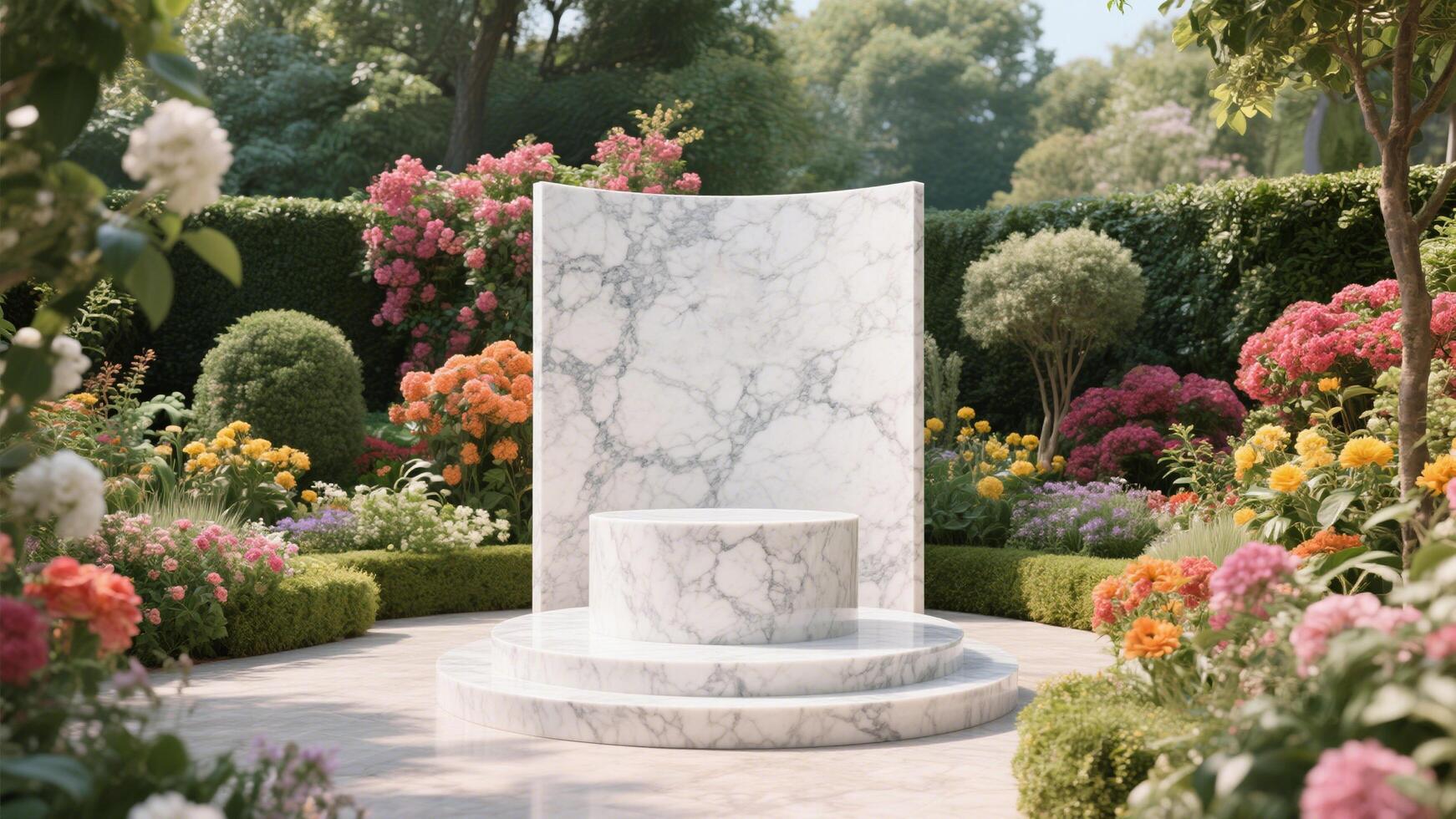 Photo of Elegant marble podium surrounded by vibrant flowers in a serene garden setting