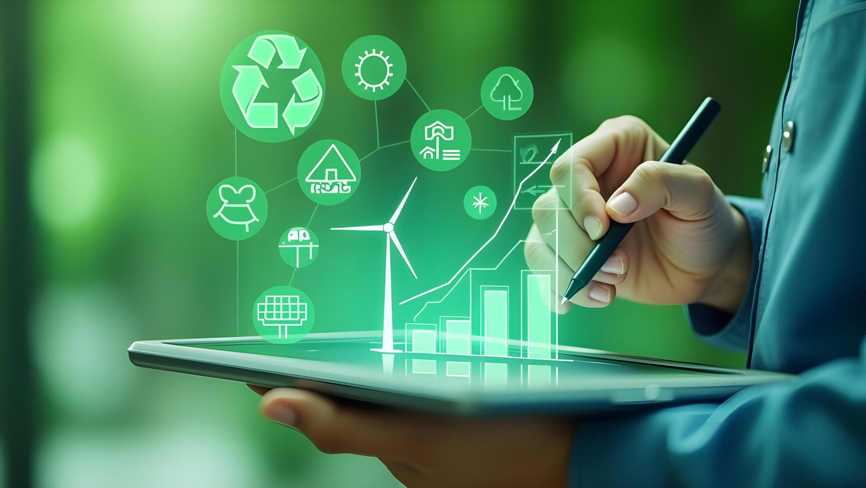 Green Technology Concept with Renewable Energy Icons and Tablet Interaction for Eco Innovation Design photo