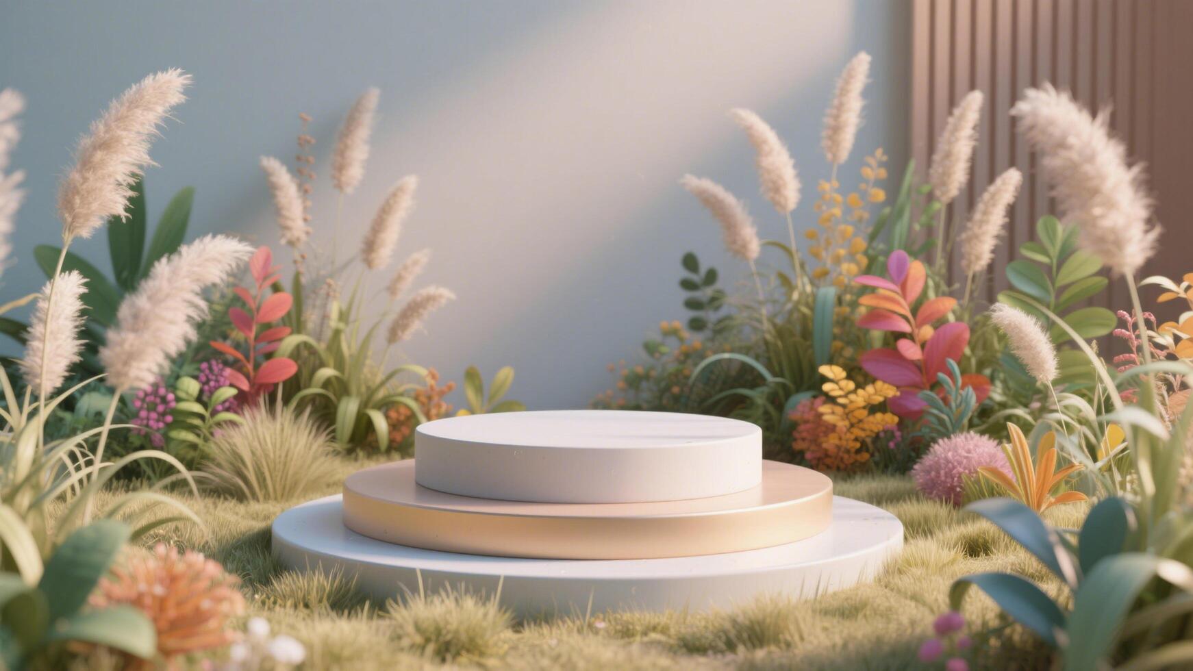 Photo of Elegant three tiered podium surrounded by colorful flowers and pampas grass