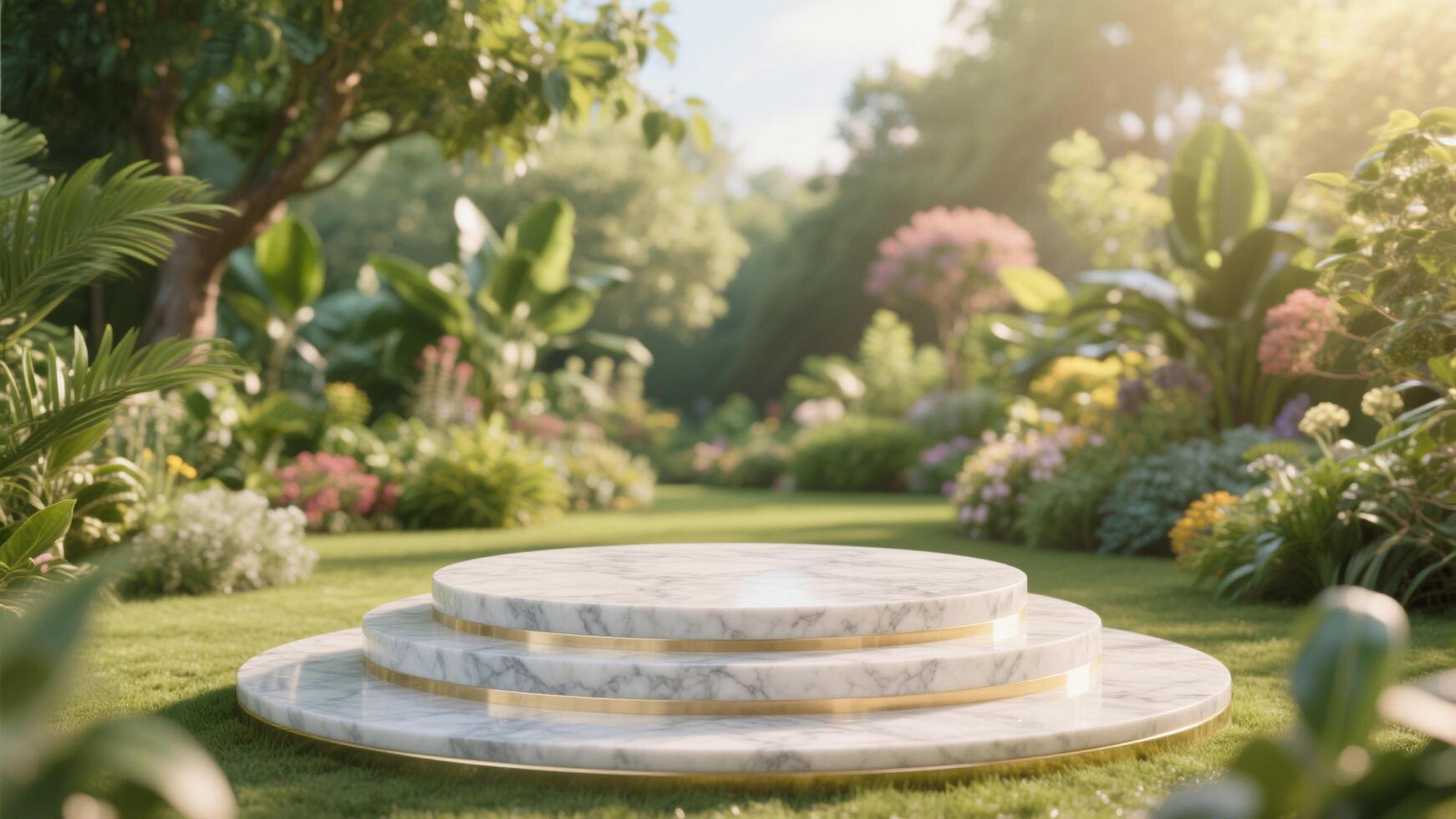 Photo of Marble podium with gold trim in a lush green garden setting for product display