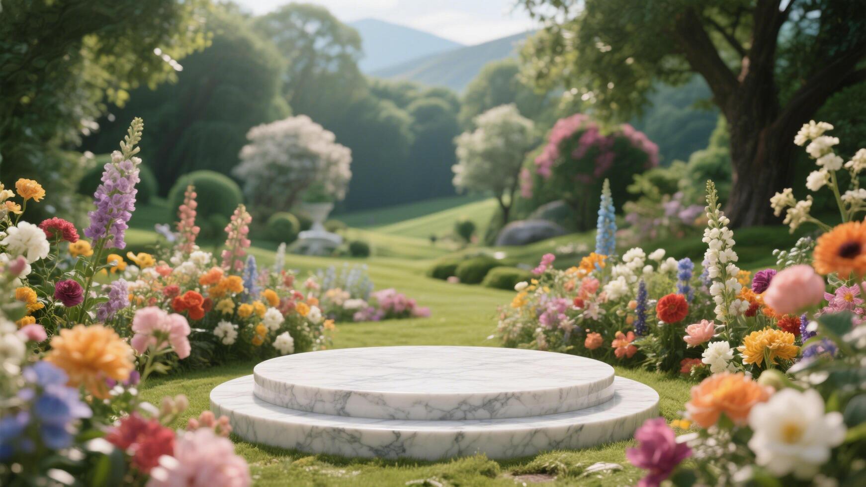 Photo of Marble podium surrounded by colorful flowers in a garden with trees and mountains