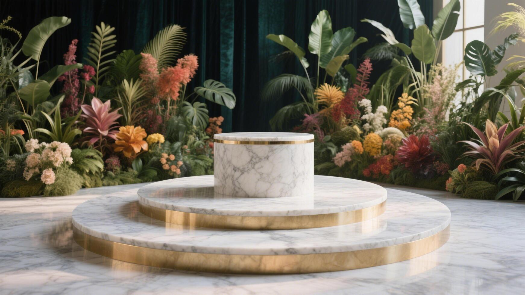 Photo of Marble podium surrounded by lush tropical plants and colorful flowers in an elegant setting