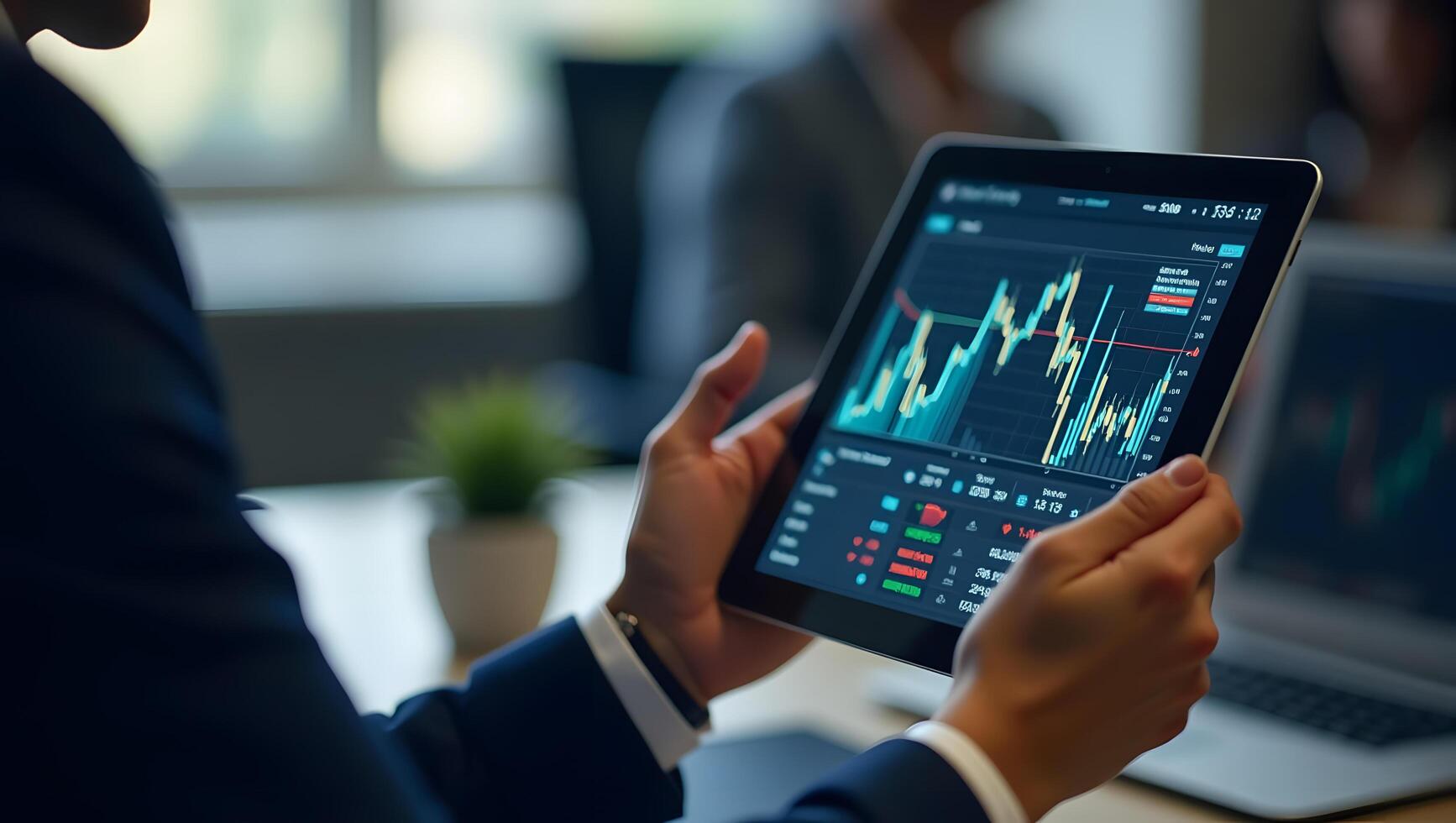 Businessman Analyzing Stock Market Trends on Tablet photo
