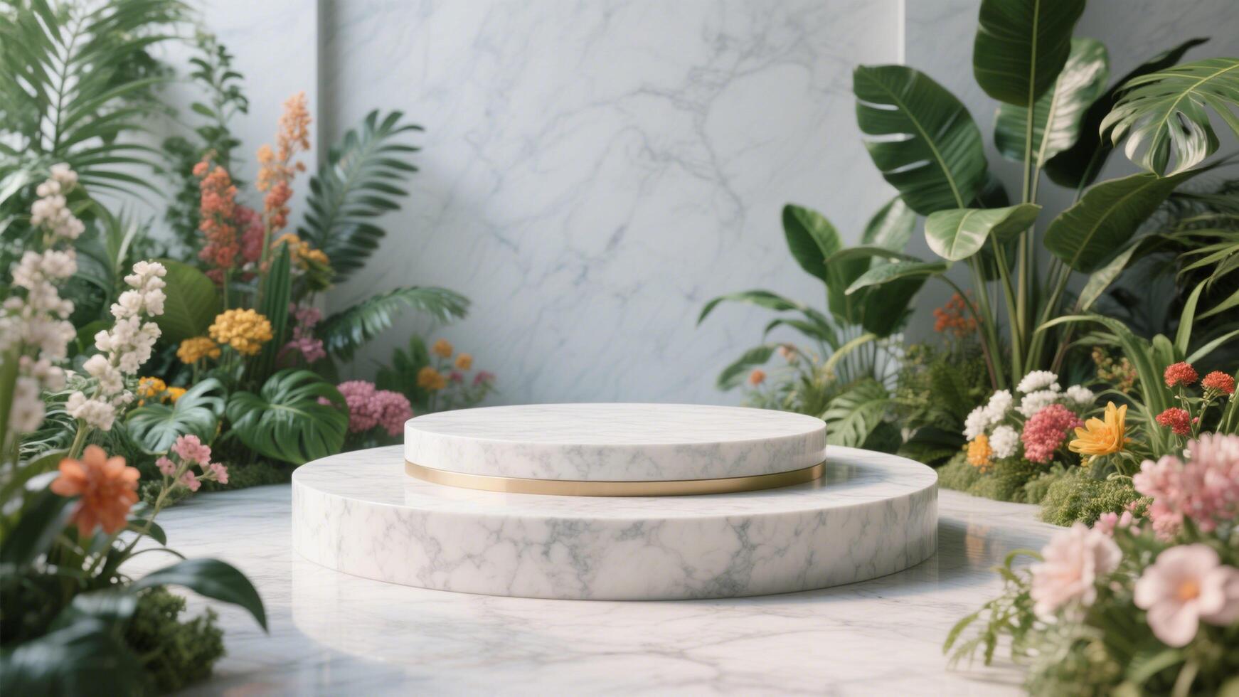 Elegant White and Black Round Marble Podium in a Dark Setting photo