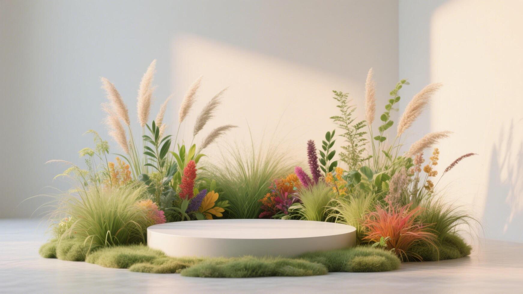 Photo of White product podium surrounded by colorful flowers and plants for a natural presentation