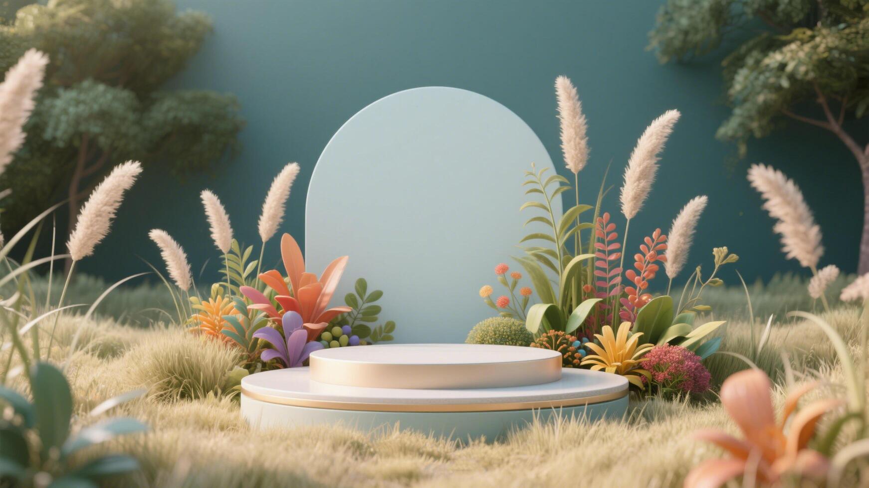 Photo of Elegant podium surrounded by colorful flowers and lush plants in a serene garden setting