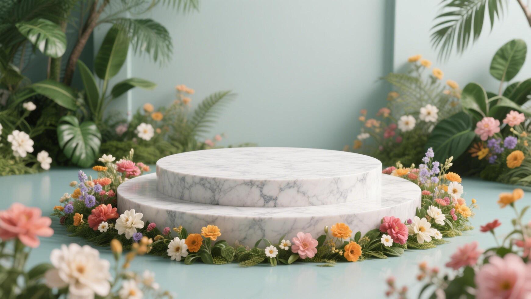 Photo of Elegant marble podium display with colorful flowers and lush green plants on soft blue background