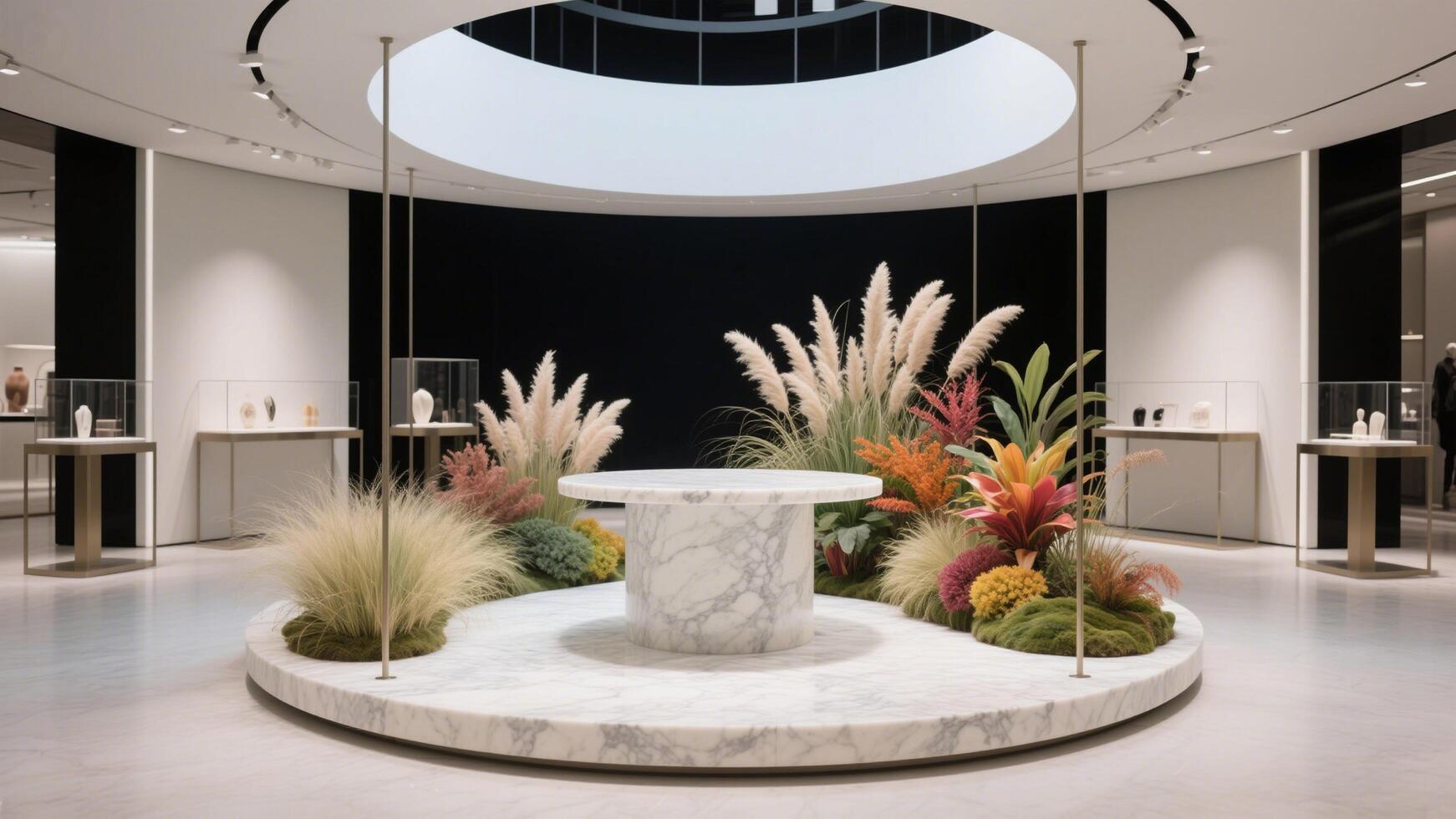 Photo of Elegant showroom featuring a marble display with plants and decorative objects in a minimalist style