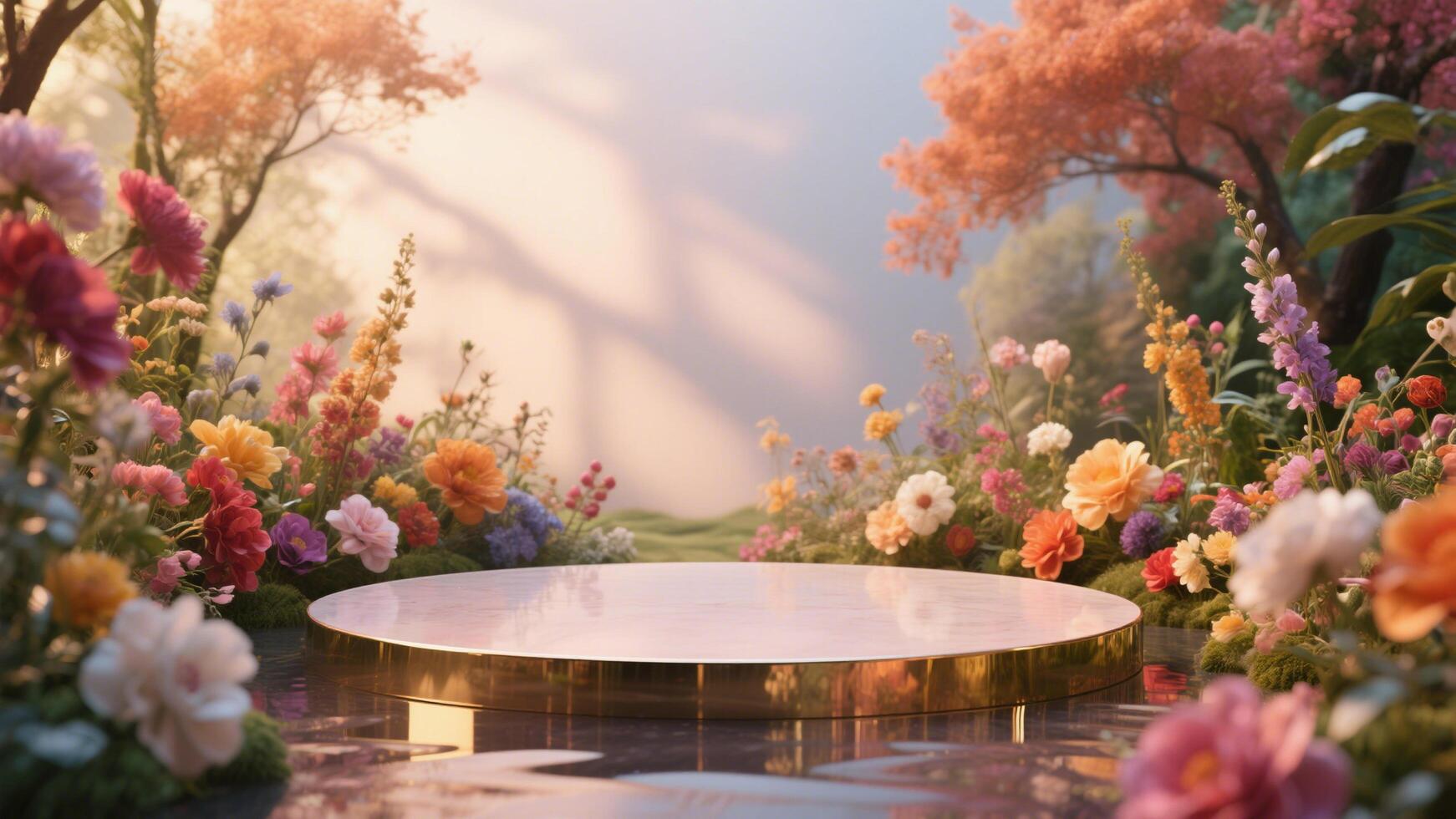 Photo of Elegant marble platform surrounded by colorful flowers and trees in a serene garden setting